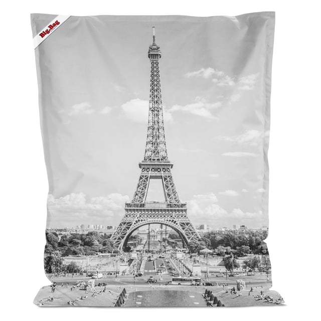 Gouchee Home Paris Eiffel Tower Big Bag Bean Bag Chair with black and white Eiffel Tower print on water-repellent polyester oxford fabric, filled with high-density polystyrene beads, measuring 51"W x 8"D x 66"H, lightweight and portable seating suitable for bedrooms or living rooms.