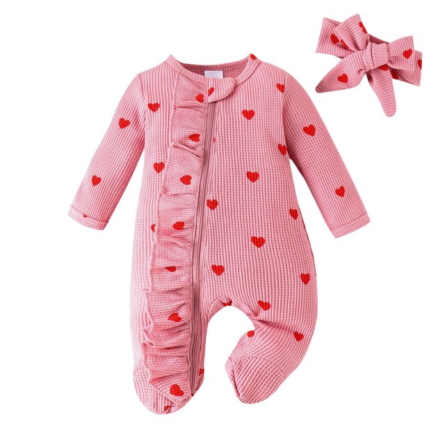 Posijego Baby Girl Valentine's Day Outfit Heart Printed Ruffle Trimmed Footed Rompers with Bow Headband