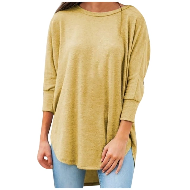 Hauts pour Femmes à Manches Longues Femmes à Manches Longues Loisirs Couleur Unie Col Rond Irrégulier Chandail Ample Hauts