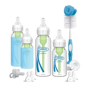 Dr. Brown's Flow naturel Anti-Collic Options+ Set de démarrage de bouteille de bébé en verre étroit avec bouteille en verre de silicone, brosse de bouteille pour bébé et doux 100% Silicone HappyPaci Aspirateur pour nouveau-nés