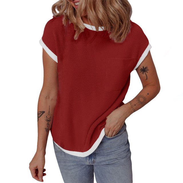 hotojiny Hauts pour Femmes Mode Texturé Col Rond Poche Tee Été Bloc de Couleur Manches Courtes Chemise Décontractée Vêtements 2025