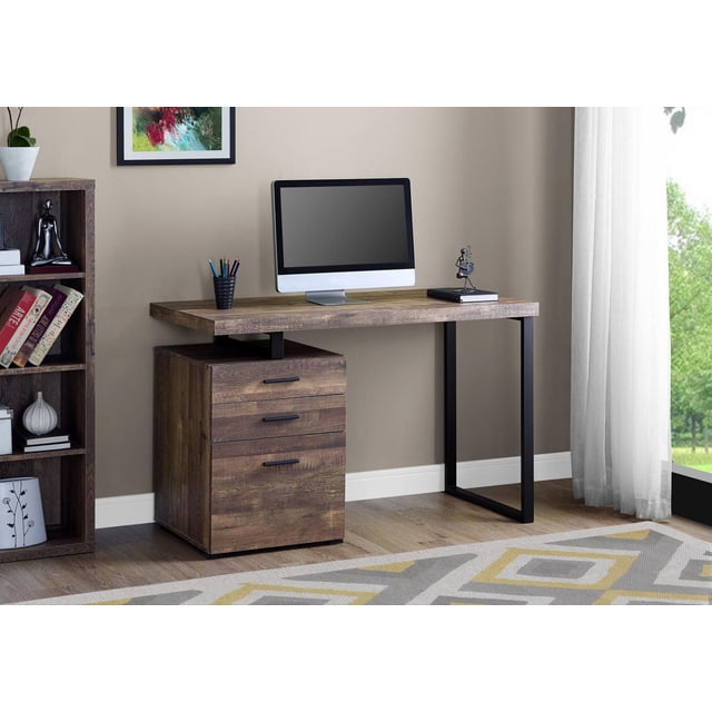 Monarch Specialties Computer Desk, Home Office, Laptop, Left, Right Set-up, Storage Drawers, 48"l, Work, Metal, Laminate, Brown, Black, Contemporary, Modern desk with a thick brown wood grain laminate top and black metal legs, featuring three storage drawers with black handles on the left side, displayed in a modern home office with a computer monitor, pencil holder, and decorative sculpture on the surface, ideal for organized workspace and storage.