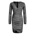 thumbnail image 3 of WTXUE Robe à Manches Longues, Robe Femme Paillettes Col en V Manches Longues Robe Ajustée Élégante Robe de Soirée pour Dames, Robe à Paillettes pour Femmes, Gris m, 3 of 7