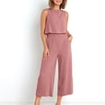 thumbnail image 4 of Women's Summer 2 Piece Cotton Linen Outfits Round Neck Crop Basic Tank Top Cropped Wide Leg Pants Capris Lounge Set, 4 of 6