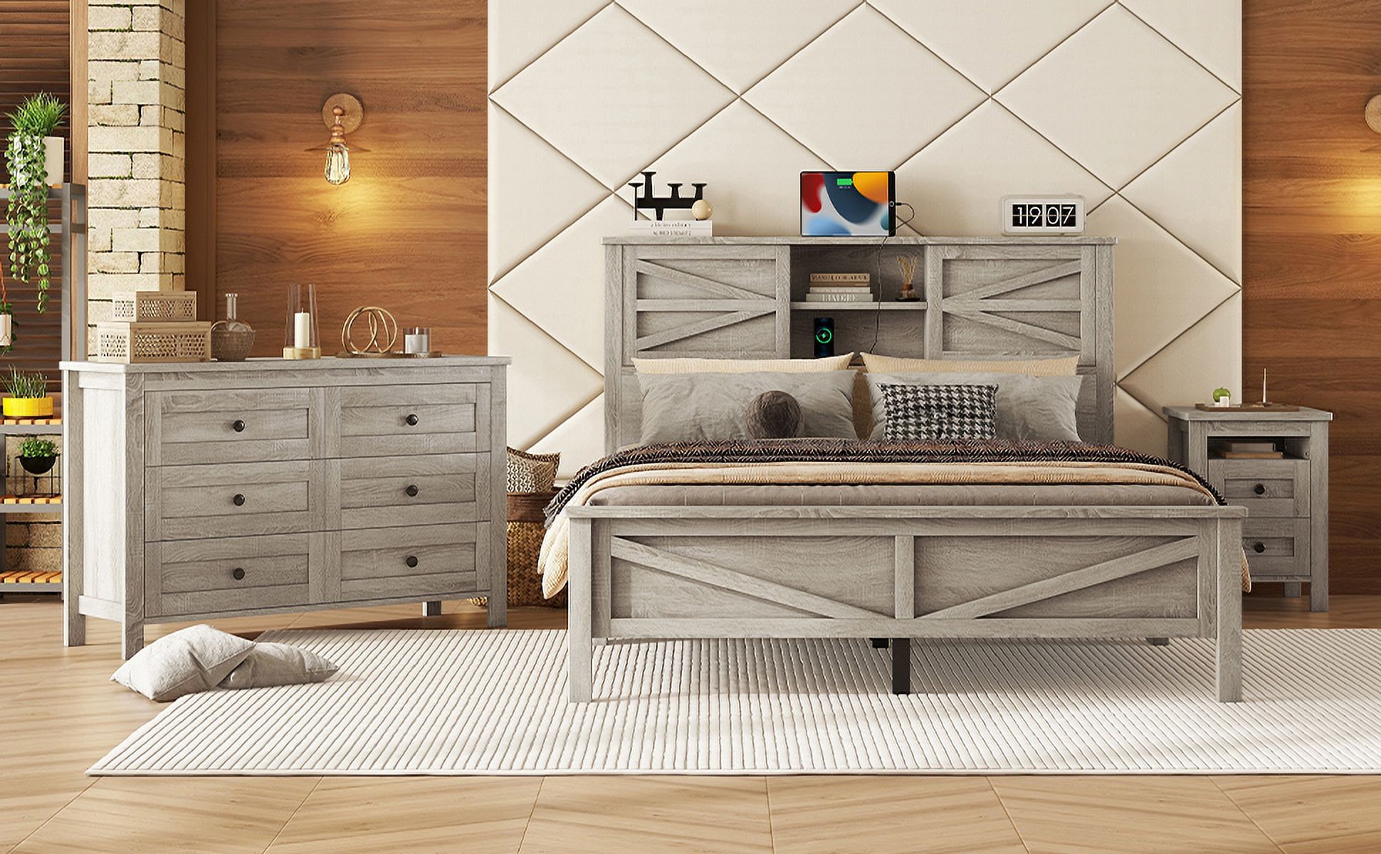 Ensemble de chambre 3 pièces Noble House : lit plateforme de style ferme, grand lit, gris antique