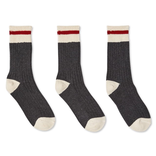 Workload 3-Pack Ladies Crew Work Sock in dark grey with cream toe, heel, and cuff featuring a red stripe, made with cotton fibers and spandex for softness and a superior fit, ribbed knit texture, comfort top, and fine toe seam suitable for everyday women's casual wear.