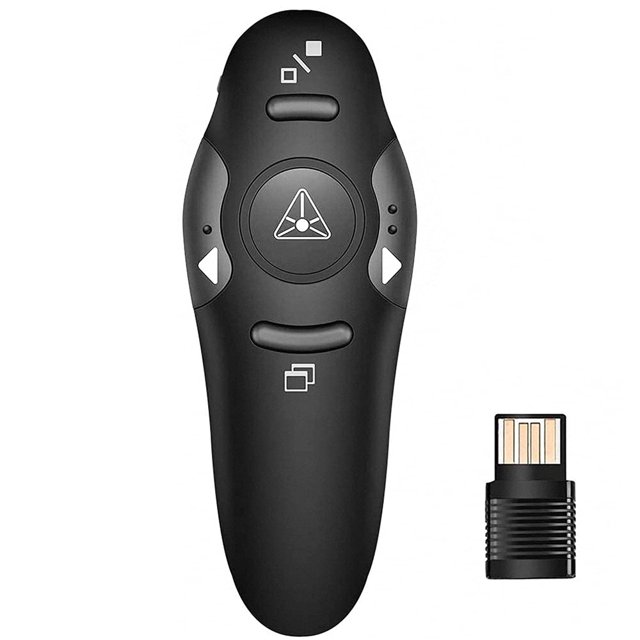 Télécommande de Présentateur Sans Fil Noire, Conçue pour les Présentations PowerPoint et Keynotes. Dotée d'Un design Ergonomique Incurvé pour une Prise en Main Confortable, d'Un Récepteur USB Rangée dans le Couvercle Arrière, et d'Une Portée de Contrôle de 15 Mètres. Compatible avec les Systèmes Windows, Mac OS et Linux. Fonctionne comme Cliqueur de Présentation et Pointeur laser.