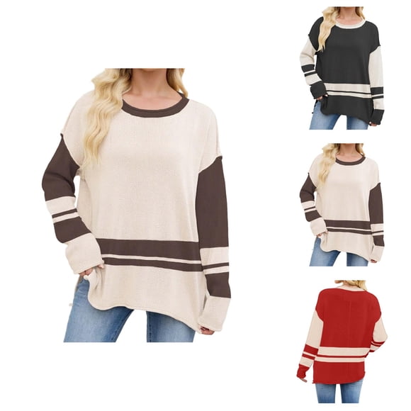 Sweaters for Women 2025 Long Sleeve Crewneck Coor Block Pullover Sweater Casual Loose Knit Top