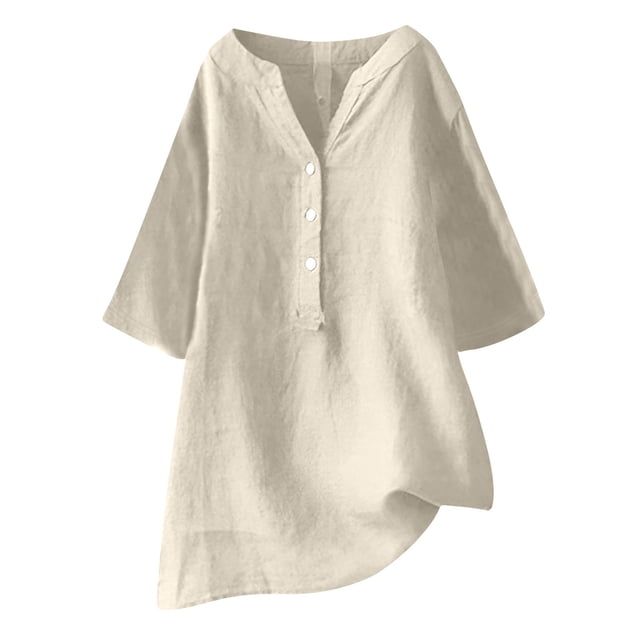 AherBiu Plus Size Tops for Women Cotton Linen Half Button Notch V Neck Oversized Summer Tops Shirt Blouse