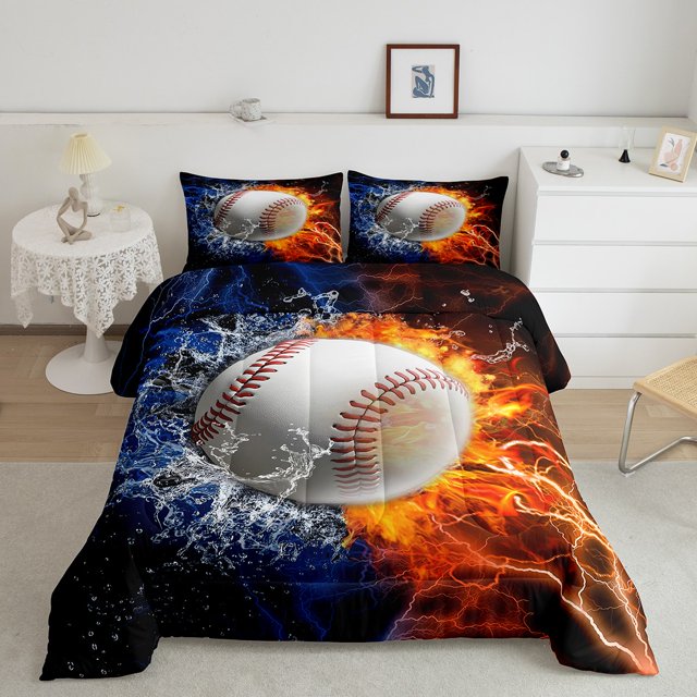 Erosebridal Baseball Player Bedding Toddler Comforter Set, Ice Fire Down Comforter, Sports Player Decor, Breathable 2pcs