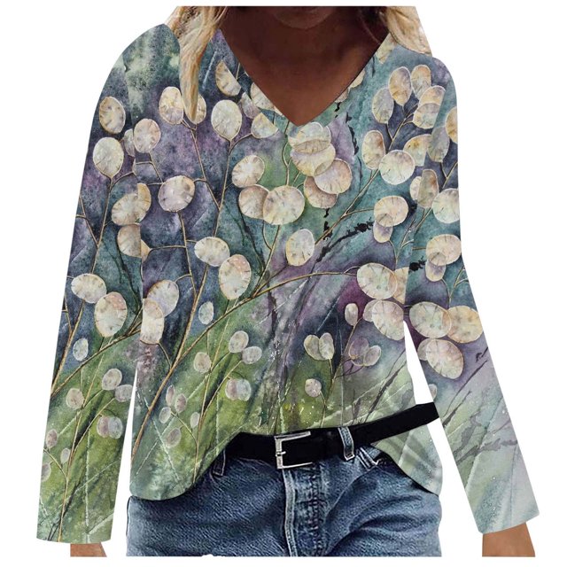IROINID Chemises à Manches Longues Col en V pour Femmes Grande Taille Décontracté Ample Imprimé Blouse, Vert