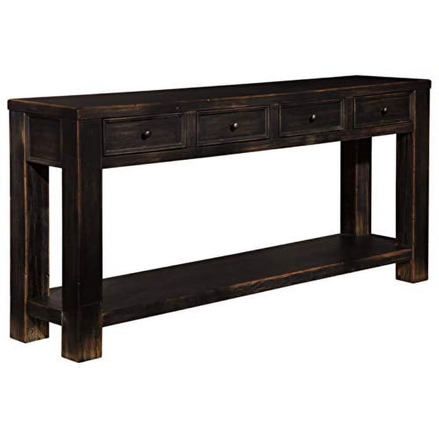 Ashley Furniture Signature Design - Table de Sofa Givelston, une Table console Rectangulaire Noire avec une Finition Légèrement Vieillie. Comprend Quatre Tiroirs avec une Quincaillerie Ton Bronze Vieilli et une Tablette Inférieure Fixe pour un Rangement Supplémentaire. Fabriquée à Partir de Placages, de Bois et de Bois d'Origine Humaine, Cette Table Mesure 64 Pouces de Large, 15 Pouces de Profondeur et 30 Pouces de Hauteur. Convient aux Salons Ou aux Entrées, Elle Allie Charme Rustique à Fonctionnalité Pratique.
