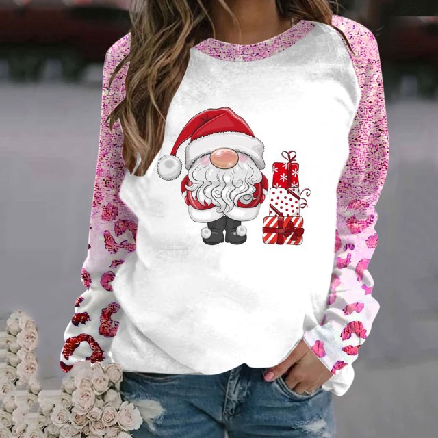 TIMIFIS Chandail de Noël pour Femmes Décontracté Mignon Gnomes Père Noël Noël Imprimé Chandails à Manches Longues Automne Col Rond Chandail à Enfiler Cadeaux de Noël