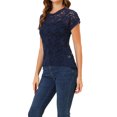 thumbnail image 4 of INSPIRE CHIC Haut en Dentelle Florale Transparent à Manches Courtes Décontracté pour Femme m Bleu Foncé, 4 of 7