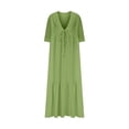 thumbnail image 4 of Pisexur Robes d'Été pour Femmes en Doux Lin-Coton Robes d'Été pour Femmes Décontractées à Col en V Manches 3/4 Robe Maxi Ample Confortable Fluide Robes pour Femmes Couleur Unie à Volants Boho Longues Robes P-2TG Vert, 4 of 5