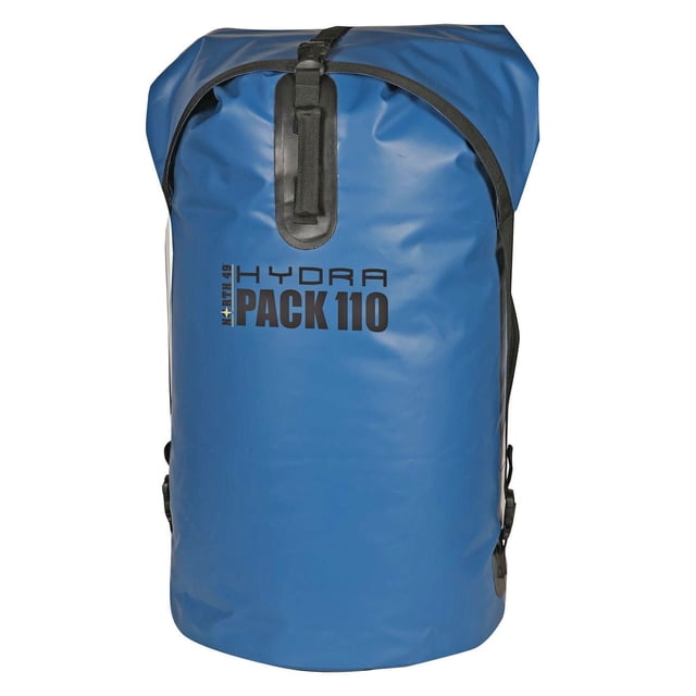 North 49 White Water Hydra Pack Dry Bag - 110L waterproof backpack in blue PVC/polyester laminated fabric with roll-down waterproof closure, heat sealed seams, rounded bottom, rugged grab handle, detachable adjustable shoulder straps, and waist belt with quick release buckle, suitable for paddling and water sports storage.