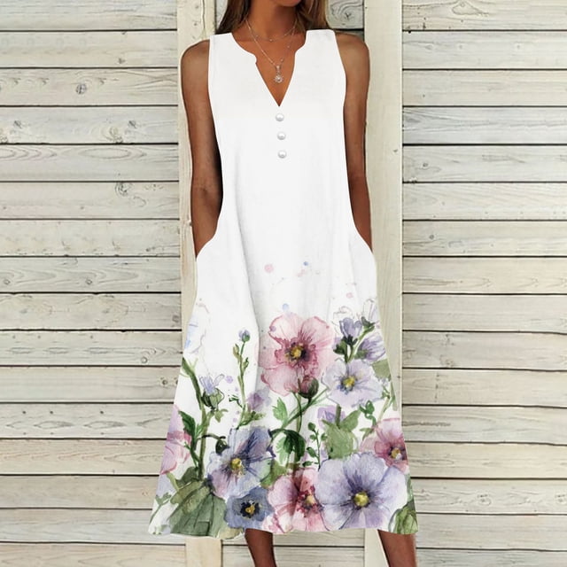 Cadeaux pour la Fête des Mères, Kcavykas Robe Maxi Bohème, une Robe Longue d'Été Décontractée Sans Manches à Col en V pour Femme avec des Motifs Floraux à l'Ourlet. Conçue pour le Printemps et l'Été, Cette Robe Légère en Coton Est Idéale pour les Vacances, les Fêtes Ou le Quotidien. un style Bohème Tendance Convenant aux occasions Décontractées.