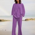 thumbnail image 4 of EGNMCR Women 2 Piece Linen Outfits Solid Color Long Sleeve Suit Drawstring Wide Leg Pants with Pockets Womens Lounge Sets, 4 of 7