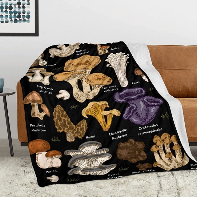 Couverture à Champignons en Molleton de Flanelle Douce, Jeté Botanique en Peluche pour Lit et Canapé, Couverture Décorative pour la Maison à Champignons, Couverture avec Tableau de Référence Illustratif, Toutes Saisons 60"x50 Pouces