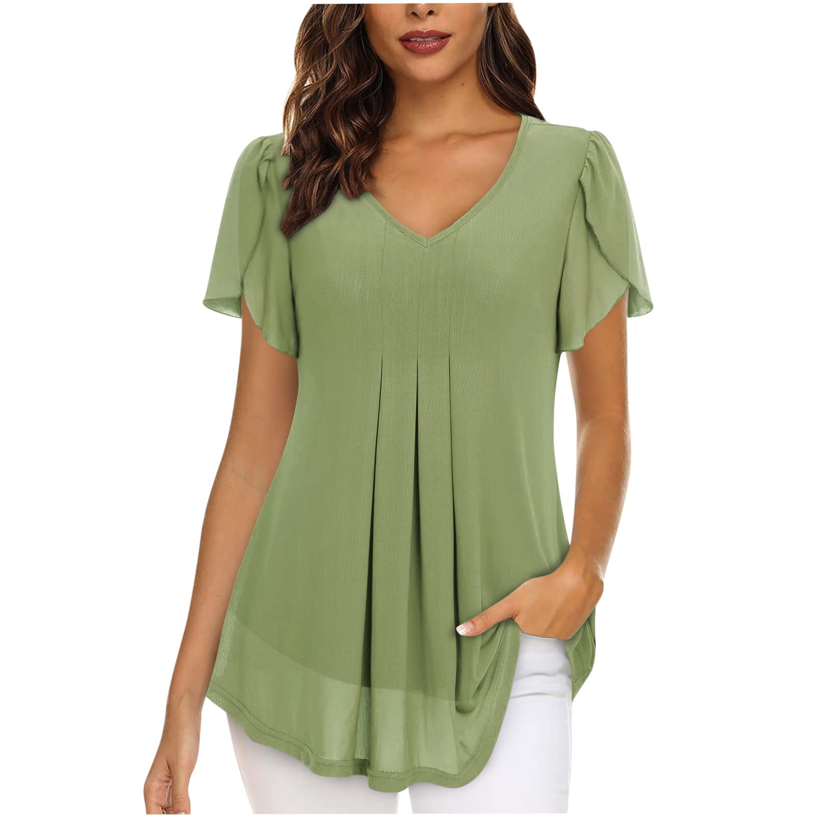 Birdeem T-Shirt à Manches Courtes en Chiffon Uni Décontracté Col en V pour Femmes