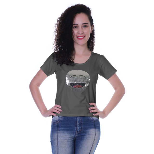 Moomaya T-shirt à Manches Courtes pour Femmes avec Col Rond, Écusson à Paillettes, Coupe Décontractée - 0O
