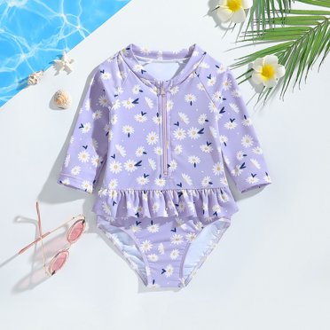 Toddler Girls Rash Guard Swimwear Ruffle Floral Pattern Sun Protection Long Sleeve Summer Bathing Suit for Kids 18-24 Months
