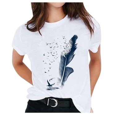 Birdeem Womens Solid Color Pattern Printed Round Neck Short Sleeve Casual T-Shirt