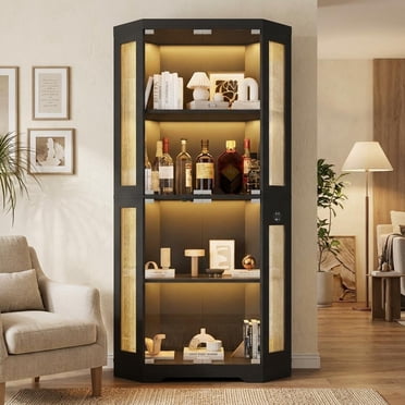 Glass Display Cabinet, 4 Tier Curio Cabinets with 3 Color Lights, Corner Bookcase for Collectibles, Storage Cabinets with Human Body Sensor & Charging Ports for Living Room