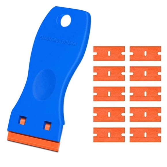 Multifunctional Plastic Scraper Tool with 10 Blades, Glue Removal Shovel for Wall Paint and Sticker Removal, No-Scratch Scraper for Floor Labels and Stove Cleaning,Blue
