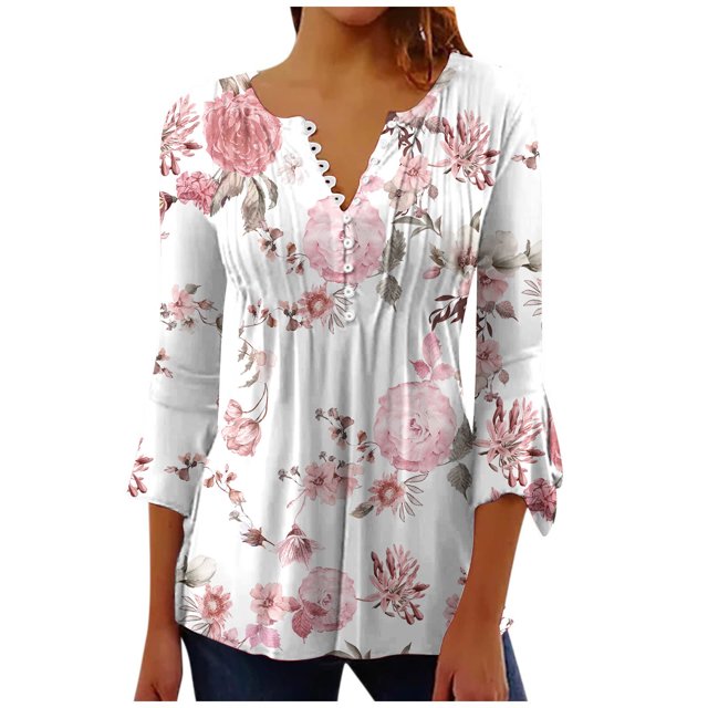CEHVOM T-shirts Plissés Basiques à Manches 3/4 Trompette Imprimée Boutonnée pour Femmes en Solde