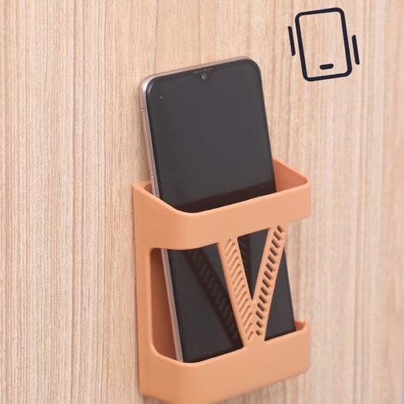 Phone Holder for Bedside Wall Mount | No Drill Adhesive Phone Stand for Charging | Multi-Function Plastic Phone Rack for Home Office Kitchen | Fits All Phone Sizes with Hidden Magnetic Stand | Orange