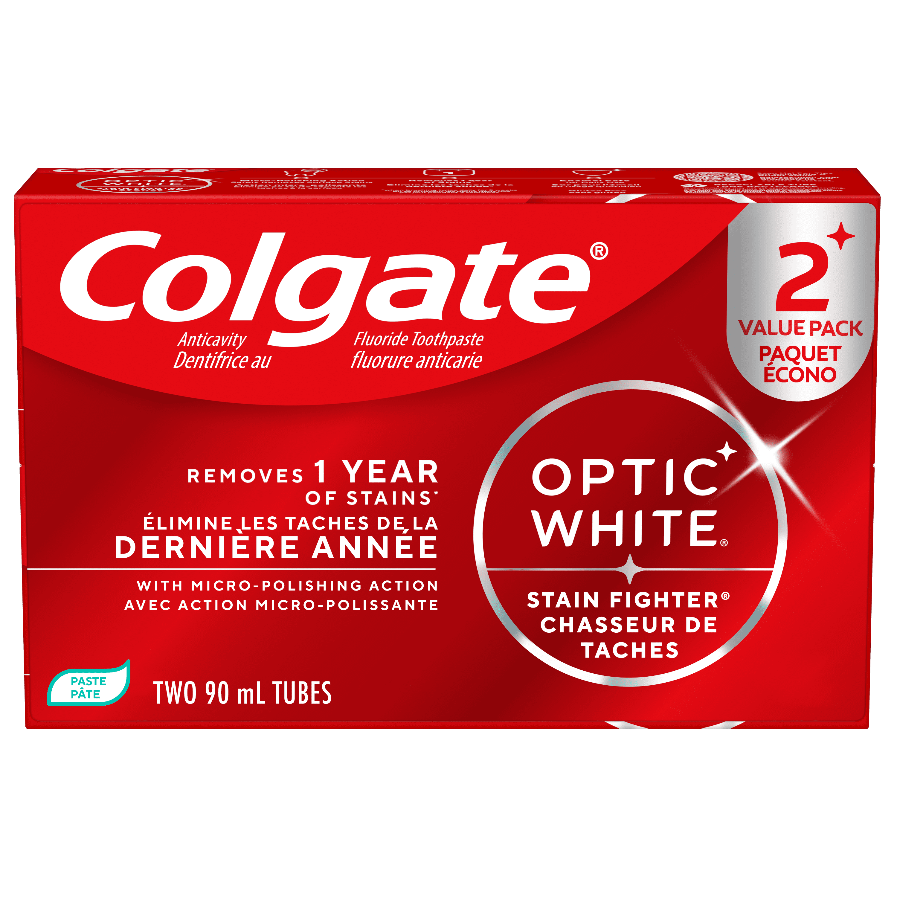 Colgate Optic White Stain Fighter Clean Mint Paste Teeth Whitening Toothpaste, Value pack 2x 90 ml