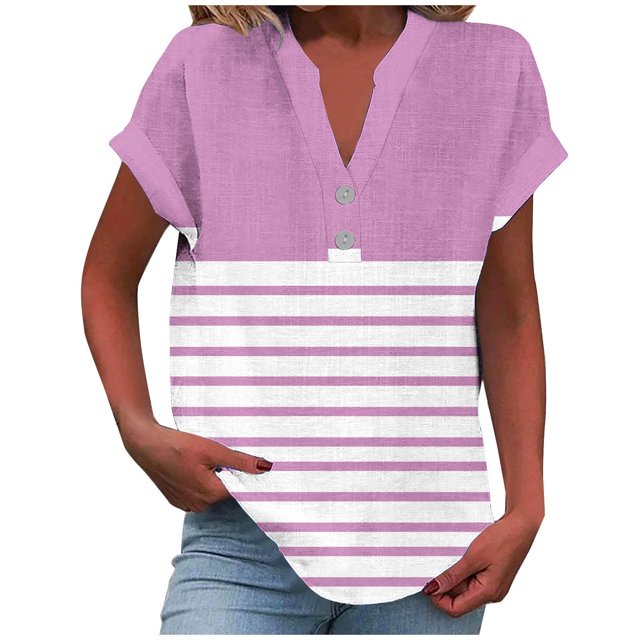 fatyb Womens Printed V Neck Tops Short Sleeve Button V Neck Tshirts Lightweight Summer Beach Blouses