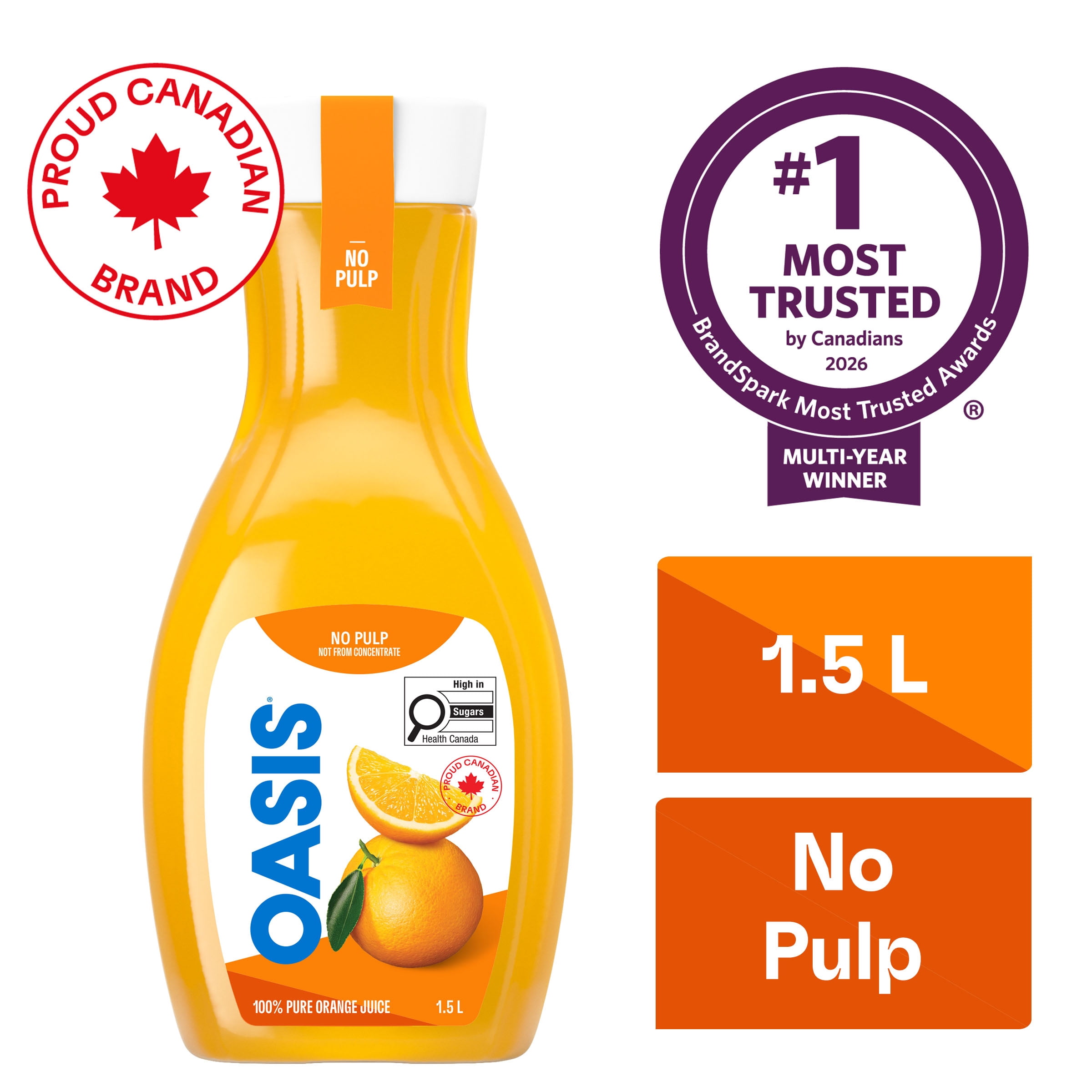 Oasis Orange Juice No Pulp, Not from Concentrate 1.5 L