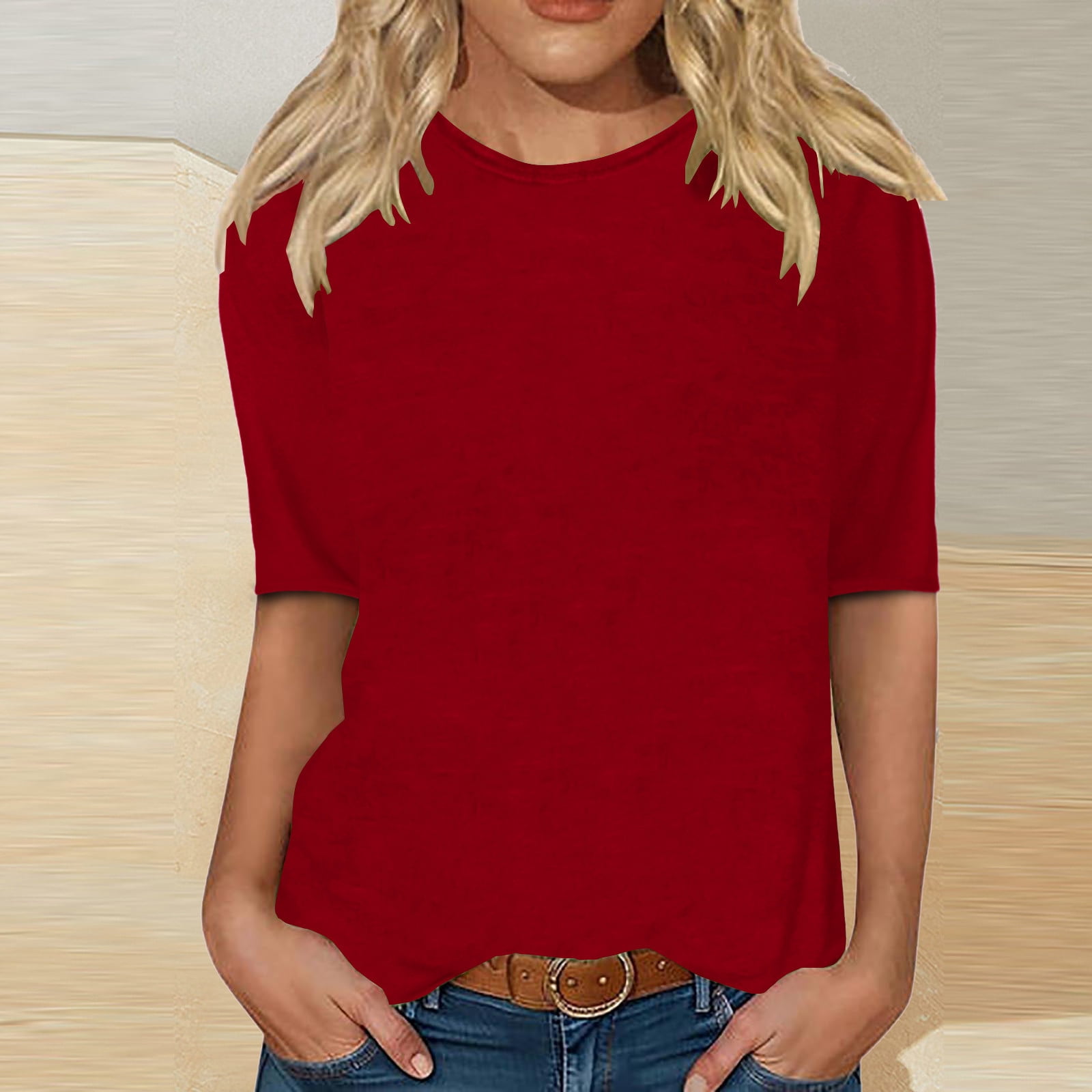 CFLVAEK T-Shirts à Manches 1/2 pour Femmes Été Décontracté Chemise Unie Coupe Ample Basique Col Ras du Cou