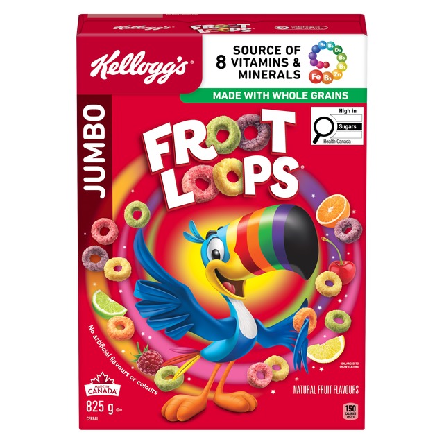 Kellogg's Froot Loops Cereal Boîte Format Jumbo 825 g Montrant des Boucles Colorées de Grains Entiers Aromatisées aux Fruits et la Mascotte de toucan Bleu sur Fond Rouge, Mettant en Valeur des Arômes de Fruits Naturels, Sans Colorants Ni Arômes Artificiels, et une source de 8 Vitamines et Minéraux, Idéal pour un Déjeuner Familial Nutritif.