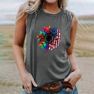 LSLJS Débardeurs à Col Rond pour Femmes Femmes Col Rond Imprimé Décontracté Ample Hauts Chandail Sans Manches T-shirt