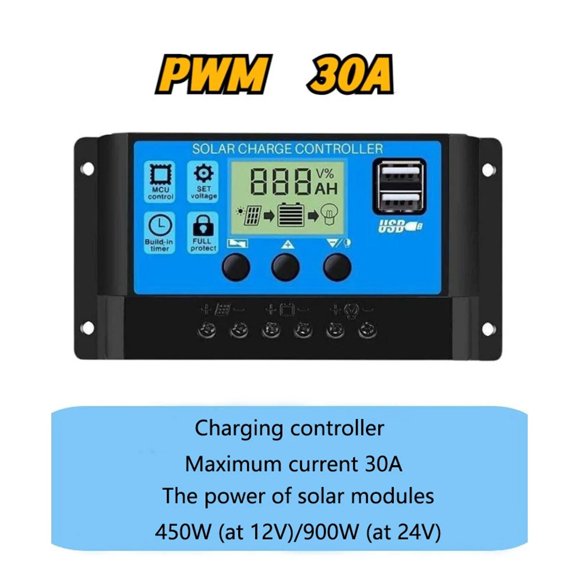 Contrôleur de Charge Solaire 12V/24V PWM 10A 20A 30A avec Affichage LCD Réglable et Minuterie, Largement Utilisé