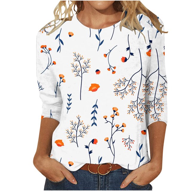 IROINNID T-shirt à Manches Longues en Polyester Réduit pour Femmes, T-shirt Ample Imprimé Quotidien, Blouse Mi-Longue à Col Rond, Blanc
