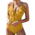 thumbnail image 1 of Women Halter One Piece Swimsuit Sexy Ruffle Backless Bathing Suit Plunge V Neck Classic Coverage Bottom, 1 of 4