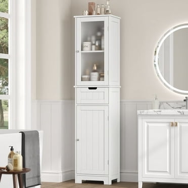 Homfa Tour de Rangement pour Salle de Bain, Armoire à Linge Étroite avec Porte et Tiroirs, Armoire de Rangement Haute pour Petits Espaces, Blanc