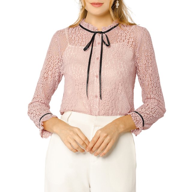 Unique Bargains Chemisier à Col à Volants Manches Longues en Dentelle Transparente pour Femmes