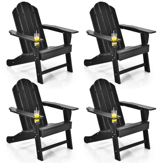 Costway Ensemble de 4 Chaises de Patio Adirondack Chair en Noir, Dotées d'Une construction en Matériau PE Résistant aux Intempéries. Chaque Chaise Comprend un Dossier Ergonomique, de Larges Accoudoirs et un Siège Surdimensionné pour le Confort, avec une Élévation de 103° sur l'Accoudoir pour un Soutien optimal. un Porte-Gobelet Intégré sur l'Accoudoir Accueille Diverses Tailles de Boissons. les Chaises Sont Conçues pour une Utilisation Extérieure, avec des Propriétés Résistantes à la Décoloration et des Vis en Acier Inoxydable pour la Durabilité. Convient aux patios, porches, Jardins et Réglages au Bord de la Piscine. Dimensions