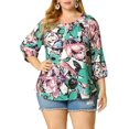 thumbnail image 1 of GRACE & GRANDEUR Blouse Colorée à Fleurs pour Femme Grande Taille, Col à Nouer, Manches 3/4, 2X Vert, 1 of 6
