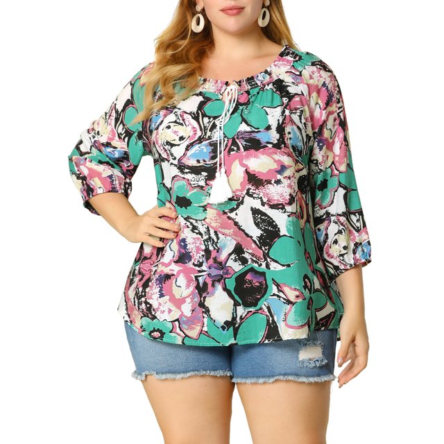 GRACE & GRANDEUR Blouse Colorée à Fleurs pour Femme Grande Taille, Col à Nouer, Manches 3/4, 2X Vert