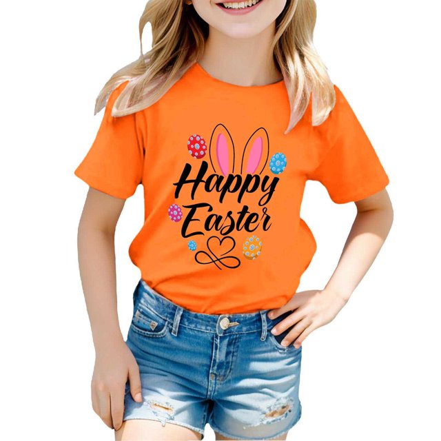 PMVFHDE Tenue de Pâques Fille T-Shirt Graphique de Pâques / Imprimé Lapin et Oeuf Manches Courtes Col Rond / T-Shirt de Fête en Coton Doux pour Tout-Petit / Tenue Décontractée Printemps Été Orange,10-11 Ans