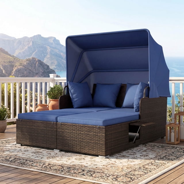 Costway Patio Rattan Daybed Lounge Retractable Top Canopy Side Tables Cushions Beige Mix Brown + Navy