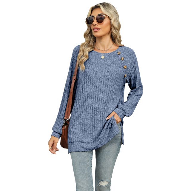 Qudderr Chandail pour Femmes Hauts Décontractés Manches Longues T-Shirts Pull Col Rond Tricoté Automne Hiver Tenues S-2TG