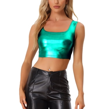 INSPIRE CHIC Women's Sleeveless Top U Neck Party Clubwear Holographic Shiny Metallic Crop Top XS Green