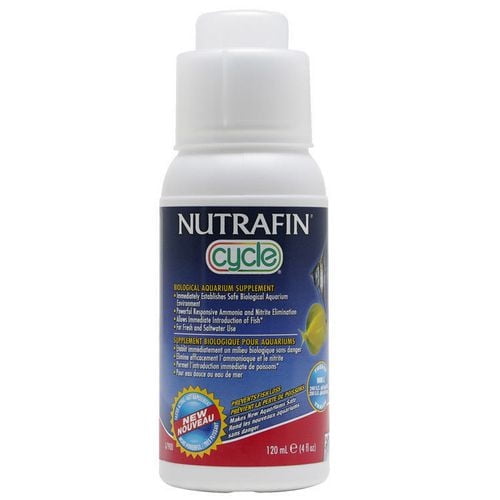 Nutrafin Cycle Biological Aquarium Supplement 120 ml bottle with white cap and blue label featuring product information and a yellow fish, designed to quickly establish a safe biological environment by eliminating toxic ammonia and nitrites in fresh and saltwater aquariums.